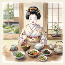 京都の伝統的な和室で精進料理（和食）を箸で食べる舞妓さんの水彩画イラスト。野菜、豆、海藻を中心とした健康的な食生活の様子。