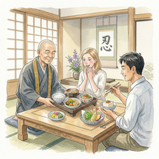 和室で僧侶から精進料理を振る舞われ、感嘆の表情を浮かべる外国人の男女を描いた水彩画。豆腐や煮物など、彩り豊かな菜食が並ぶ食卓を囲み、日本の伝統食が国境を越えて人々の心を動かす様子が温かく表現されています。