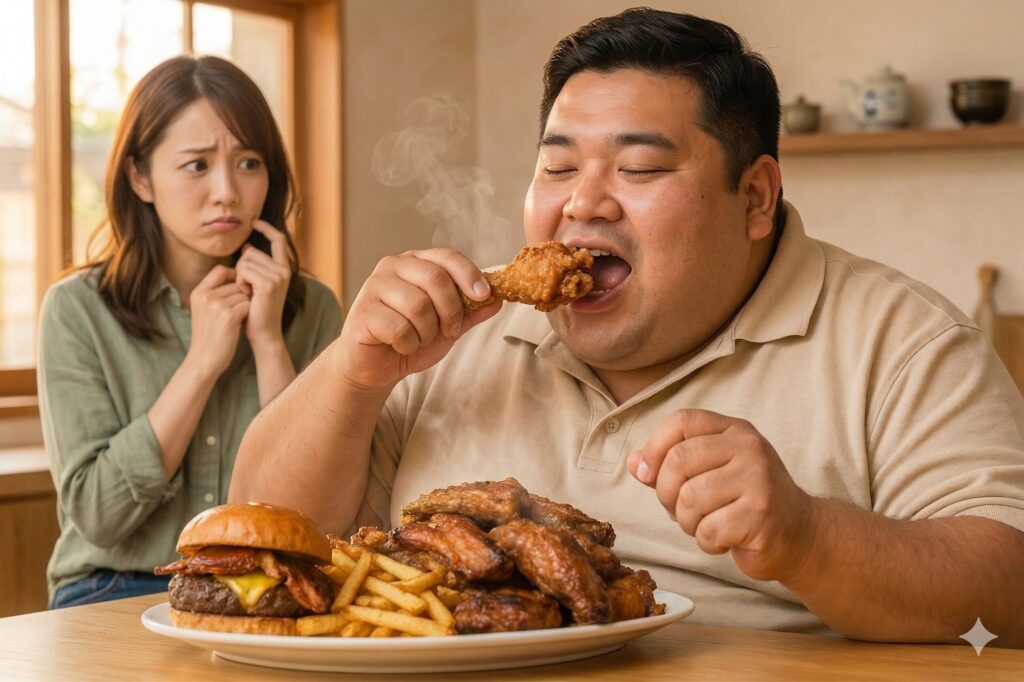 から揚げを食べる男性と見守る女性の画像
男性からは加齢臭がしている