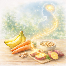 バナナやにんじん、さつまいもなどビタミンB6を含む食材がメラトニン生成を助けるイメージ