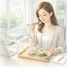 昼食でミネラルとたんぱく質を適度に摂り体調を整える女性のイメージ