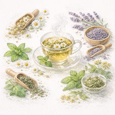 眠れない夜におすすめのカモミールやミントなどハーブティーと原料のイメージ