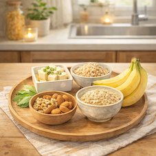 大豆製品やオートミール、ナッツ、玄米、バナナなど睡眠ホルモンを支える栄養素を含む食材のイメージ