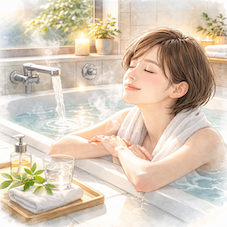 ぬるめ入浴で体温リズムを整えリラックスする女性のイメージ