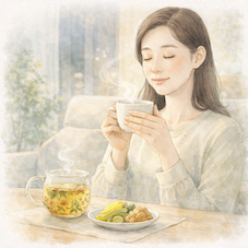 ハーブティーを飲んでリラックスする女性と発酵食品のイメージ