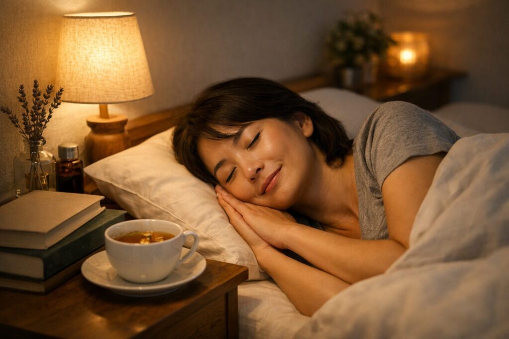 更年期の睡眠改善に役立つリラックス習慣とぐっすり眠る女性