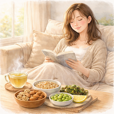 ナッツや玄米などマグネシウムを含む食品で神経の緊張をやわらげるイメージ