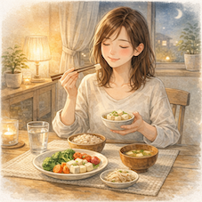 野菜や豆腐、玄米など消化にやさしい夕食をとるリラックスした女性のイメージ