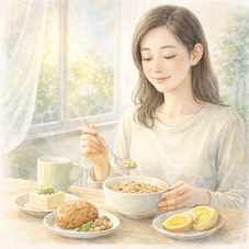 朝食で炭水化物とたんぱく質を摂り体内リズムを整える女性のイメージ