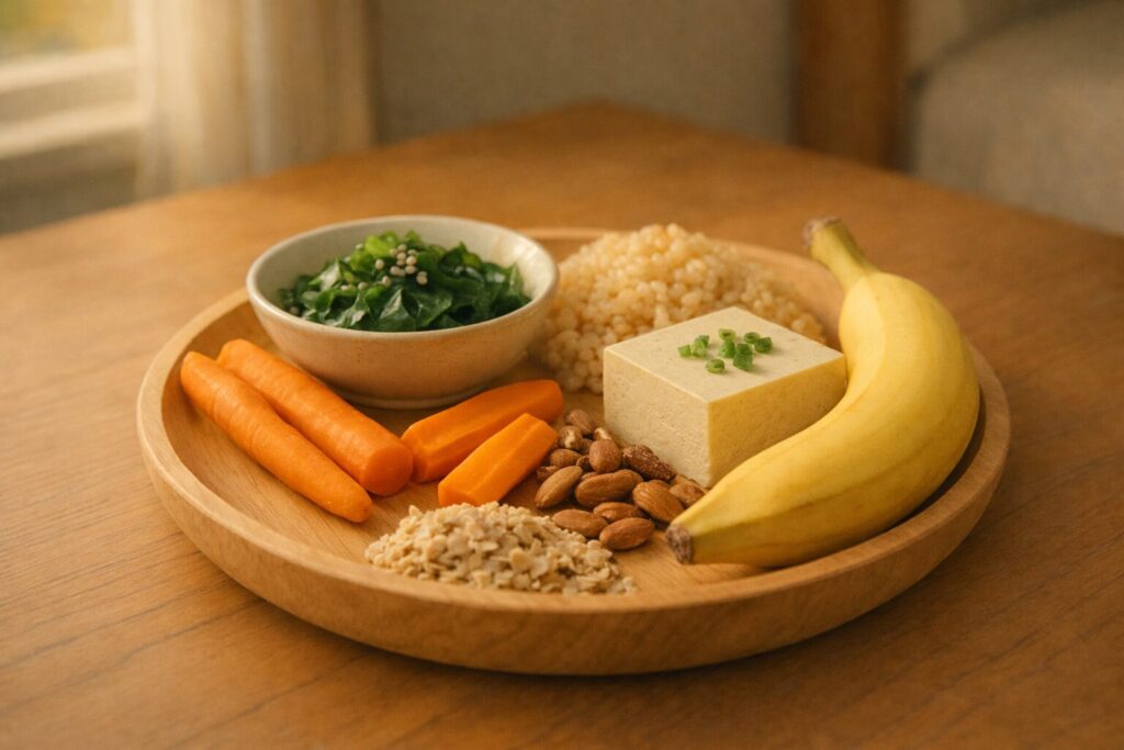 睡眠を助けるヴィーガン食材（豆腐・バナナ・ナッツ・玄米）のイメージ