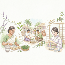 3人の女性が大豆を加工する風景を描いた、淡い水彩画風のイラスト。サリーをまとった女性が豆腐を切り、和服の女性が器を眺めている。中央には屋外市場の様子が描かれ、周囲はラベンダーやオリーブなどの植物で囲まれている。
