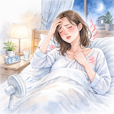 更年期のホットフラッシュで夜中に目が覚めて眠れない女性のイメージ