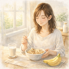 トリプトファンを含むオートミールやバナナの朝食をとる女性のイメージ