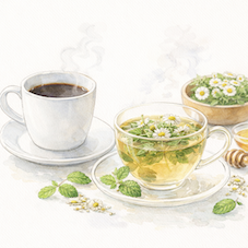 カフェインとアルコールの見直しに関するイラスト｜ヴィーガン食で整える睡眠習慣