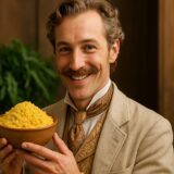 酒粕で作ったヴィーガン地図を手に持っている紳士の写真