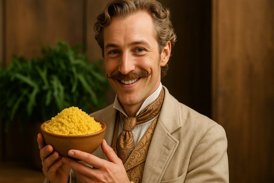 酒粕で作ったヴィーガン地図を手に持っている紳士の写真