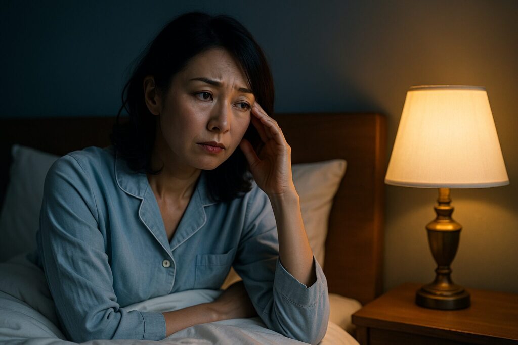 更年期で夜中に目が覚めて眠れない女性のイメージ