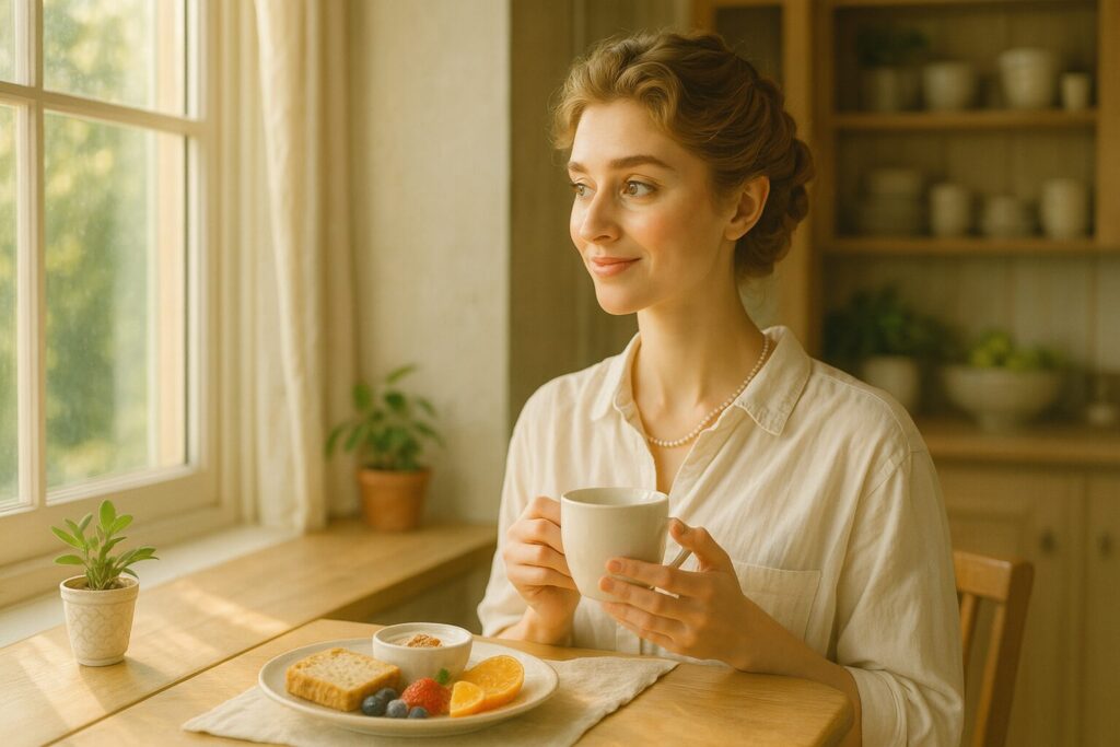 ヴィーガン食で心地よい睡眠を取って、気持ちの良い目覚めを迎えた女性の画像