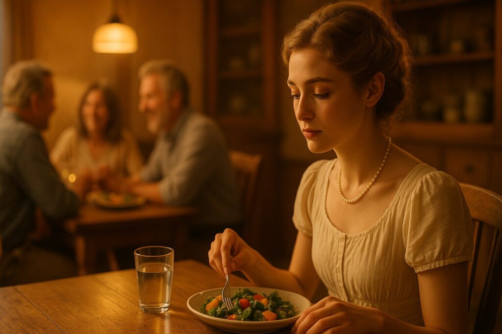 「夕食の食卓で家族が談笑する中、少し離れた席で静かに食事をするヴィーガンの女性。理解されずに寂しさを感じながらも、穏やかな表情で過ごす様子。」