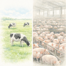 放牧と工業型畜産の違いを示すイラスト 草原で暮らす牛と屋内で密集飼育される豚の対比