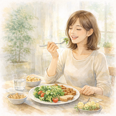 野菜中心の食事を笑顔で楽しむ女性の様子からおおむねヴィーガンのやさしい実践を示すイラスト