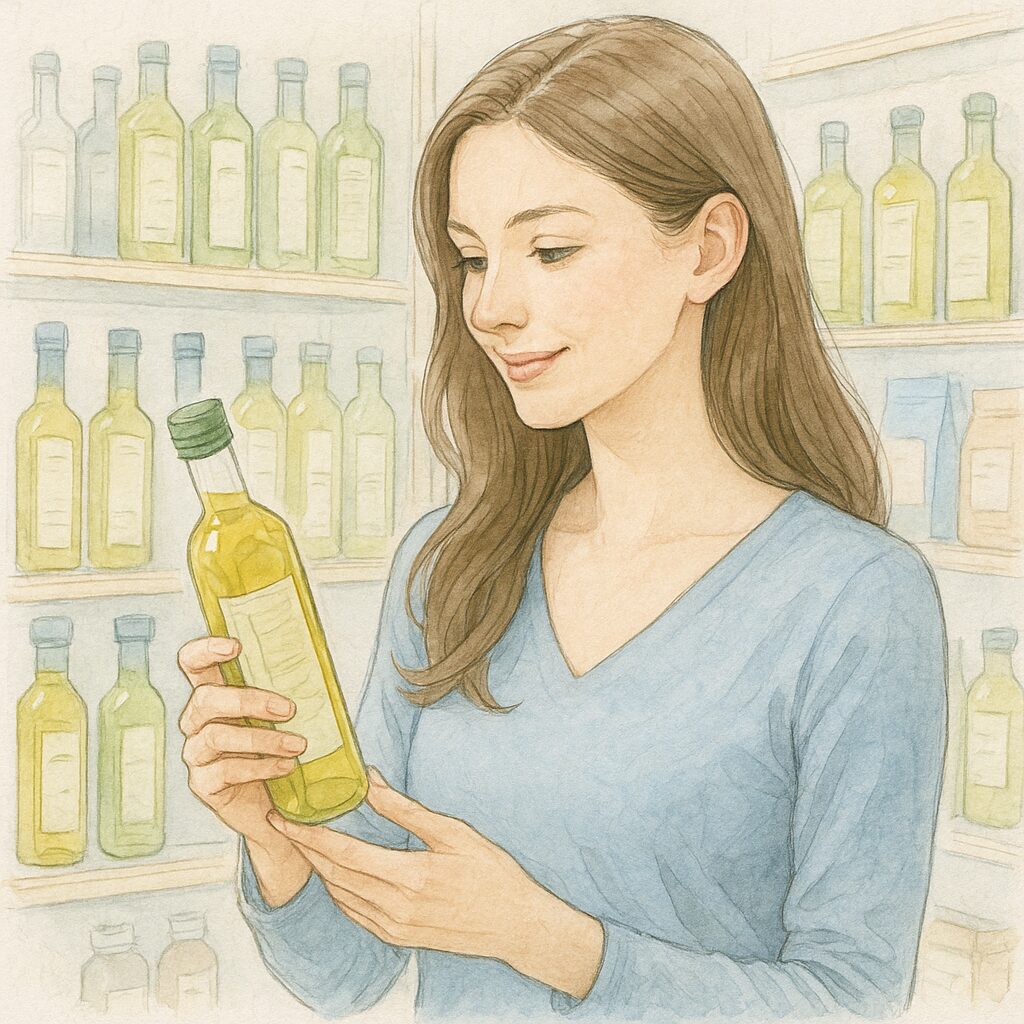 オーガニックストアで植物性オイルを手に取り、成分を確認する女性