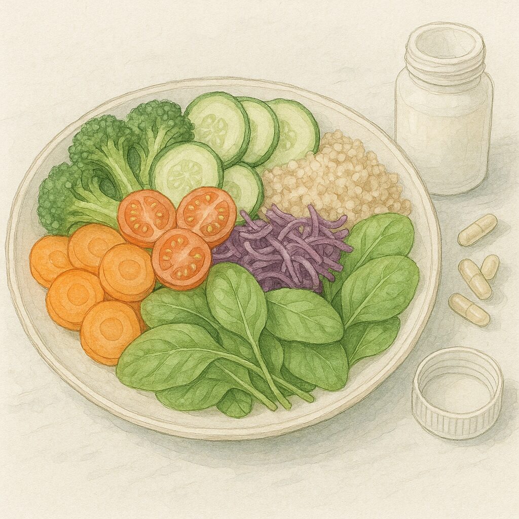 色とりどりの野菜サラダの横にサプリメントが置かれたヴィーガン食のイラスト