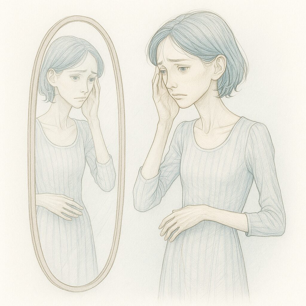 痩せ気味の女性が鏡の前で体型を心配する様子を描いた水彩イラスト。