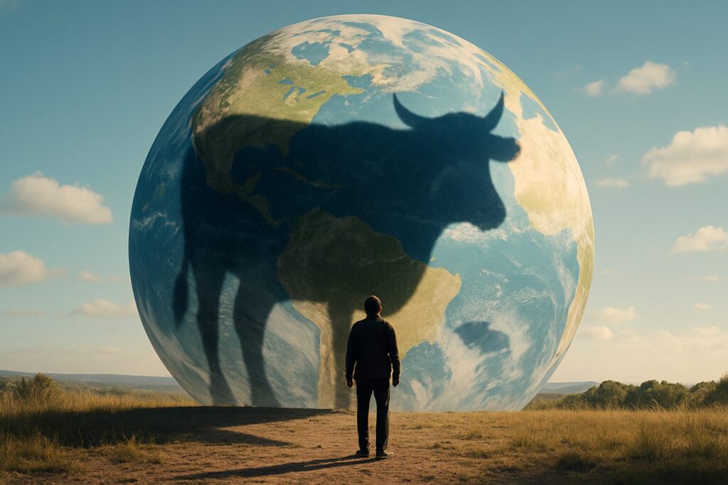 工業型畜産と地球環境の関係を表すイメージ 牛と地球の象徴的な風景