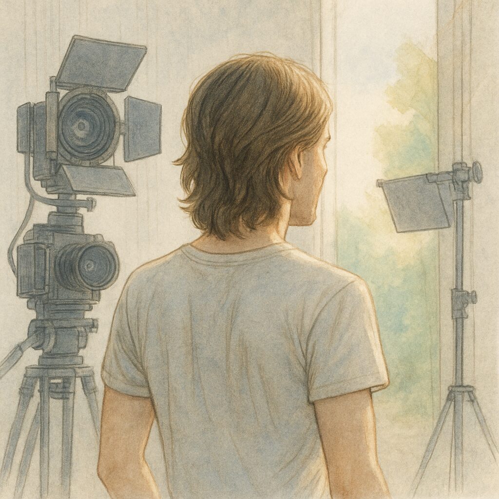 映画の撮影スタジオで照明やカメラ機材の前に立つ男性の後ろ姿の水彩イラスト。若々しい雰囲気。