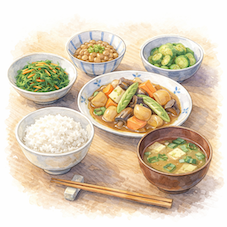 ごはんと味噌汁や野菜中心のおかずが並ぶ和食の食卓から昔の日本の食生活を示すイラスト
