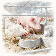 飼料とともに管理された環境で飼育される鶏と豚の様子から合成物質の使用背景を示すイラスト