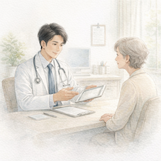 医師と患者が診察で話し合う様子から抗生物質と医療の関係を示すイラスト