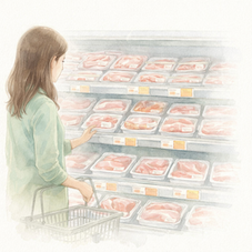 工業型畜産の背景となる需要の増加を示すスーパーの肉売り場のイラスト