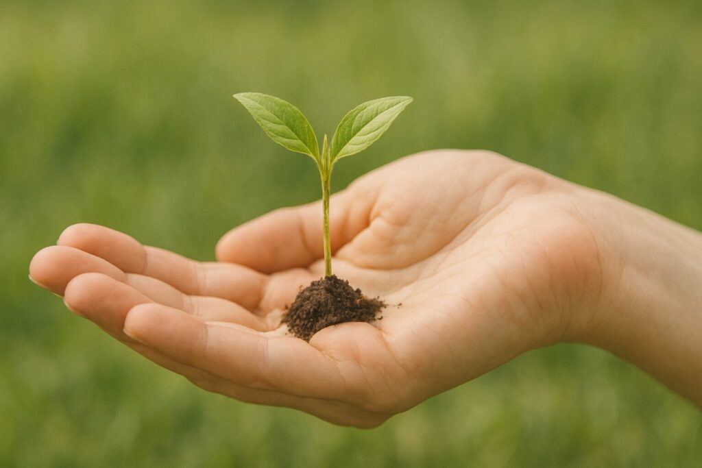 工業型畜産を考えたやさしい選択と未来を象徴する芽のイメージ