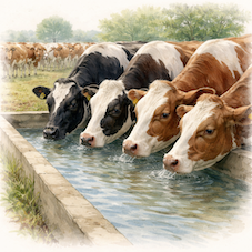 複数の牛が水場で水を飲む様子から畜産における水資源の大量消費を示すイラスト
