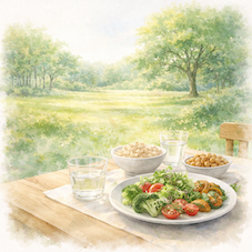 野菜中心の食卓と自然の風景から食の選択と環境のつながりを示すイラスト