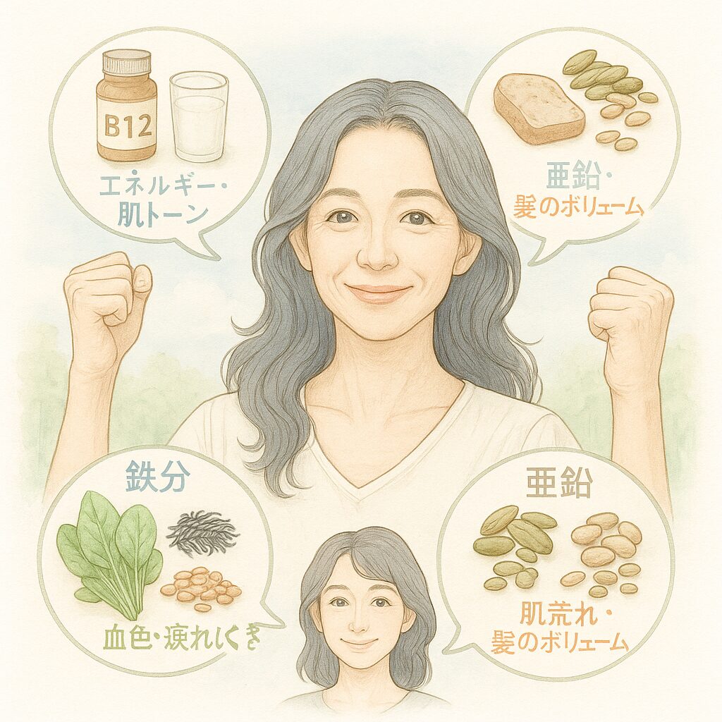 中年の女性が、鉄分・ビタミンB12・亜鉛などの栄養の“満タン・不足”を示す3つのバッテリー図解を背にして立っている水彩風イラスト。鉄分は十分、B12と亜鉛は不足気味と示され、栄養状態のバランスを視覚的に表現している。
