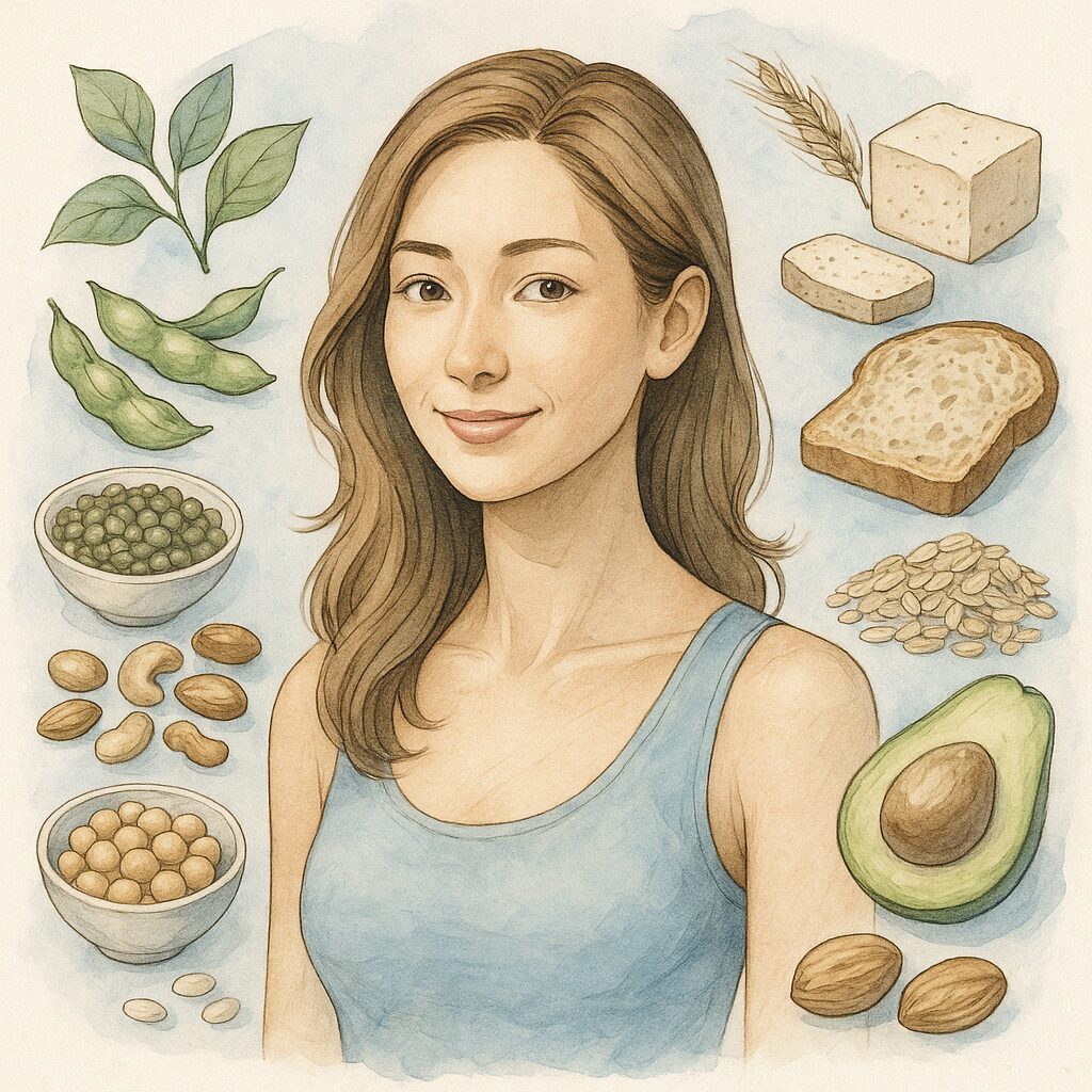 豆類やナッツ、雑穀、アボカドなど植物性たんぱく質の食材に囲まれた健康的な女性を描いた水彩イラスト。