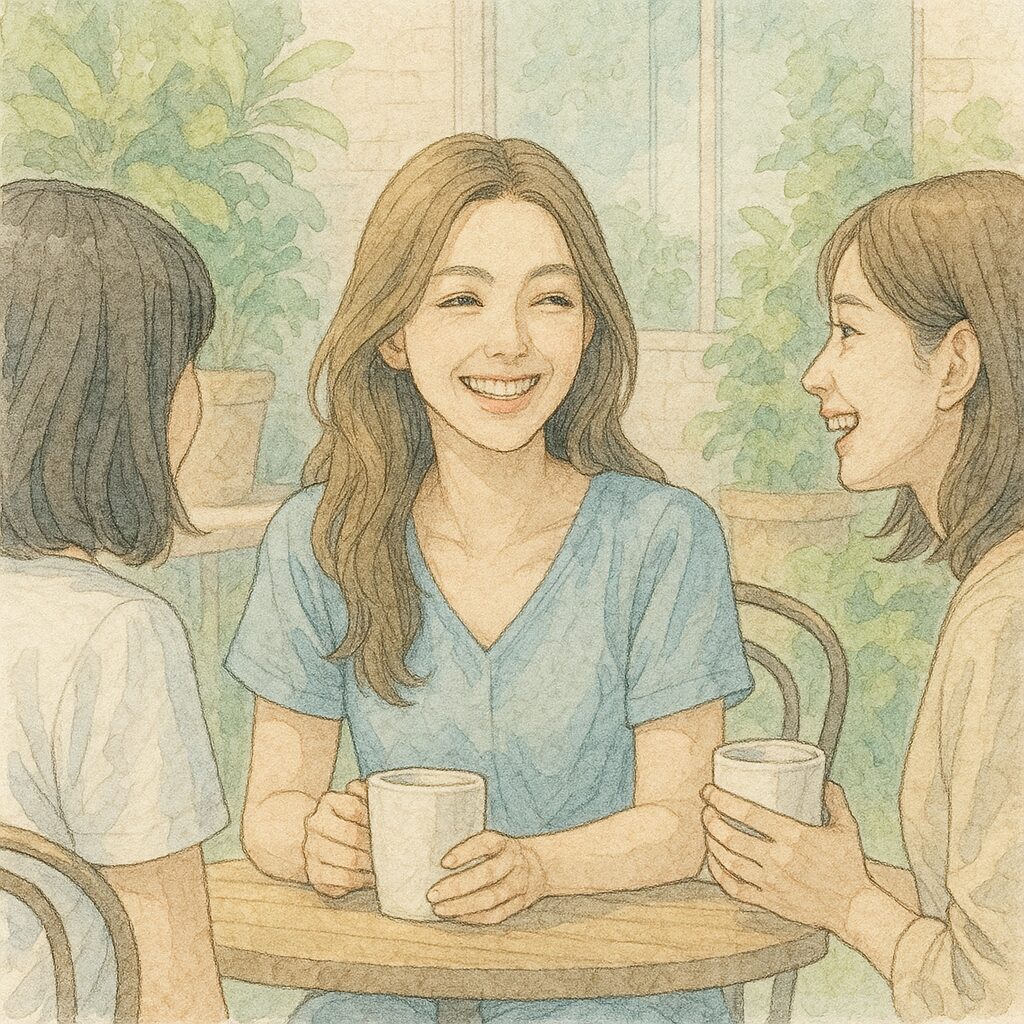 カフェで友人と笑顔で会話を楽しむ女性。リラックスした表情でストレスが軽減されている様子。