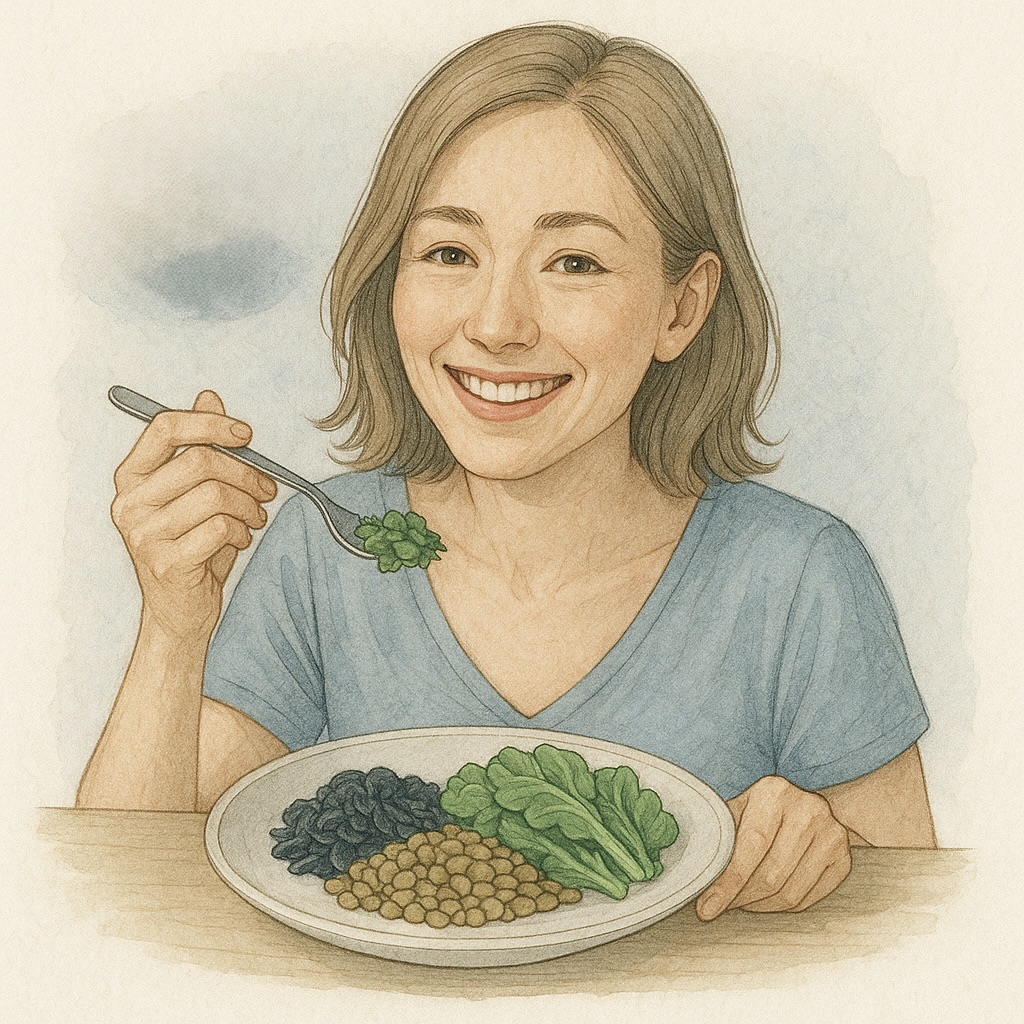 レンズ豆やひじき、小松菜など鉄分豊富な食材を笑顔で食べる女性の水彩イラスト。肌の血色を整える食事のイメージ。