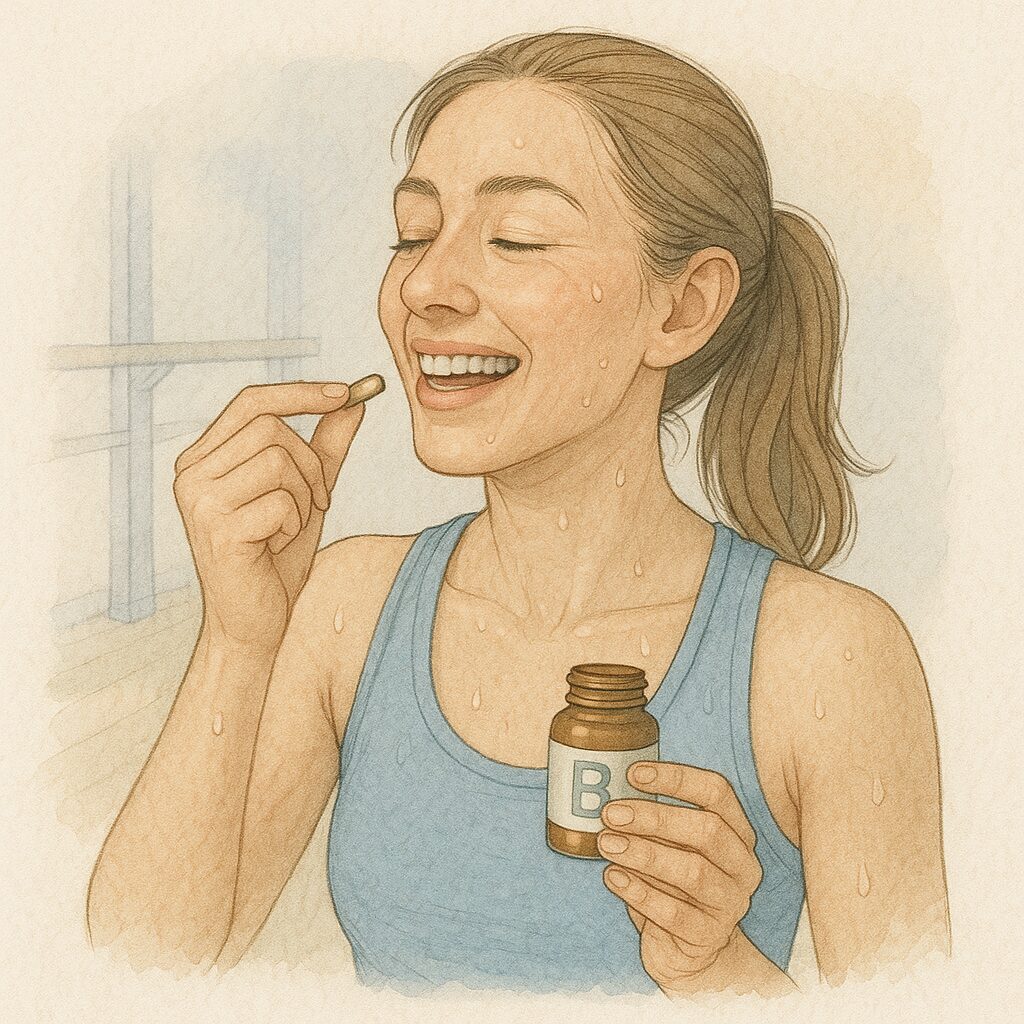 運動後に汗をかきながらビタミンB12のサプリを笑顔で摂取する女性の水彩イラスト。エネルギー不足対策のイメージ。