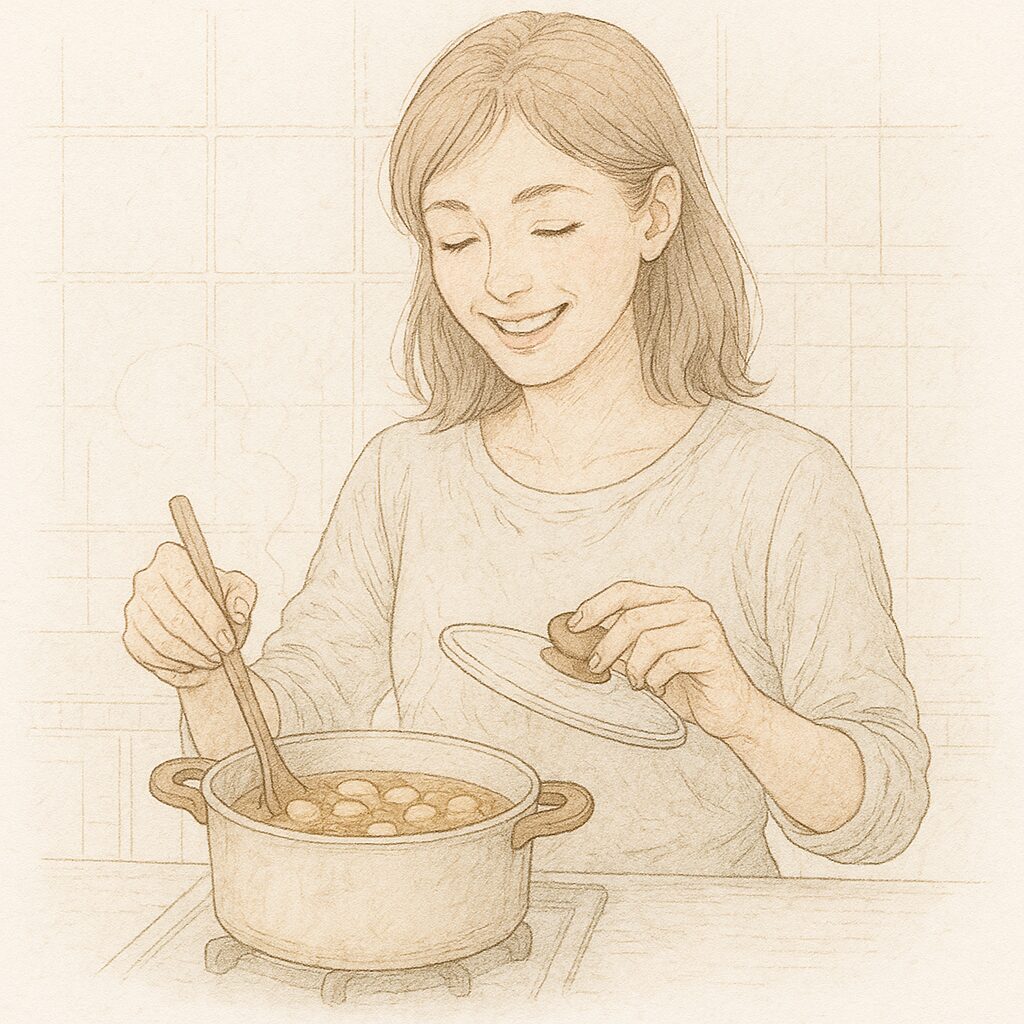 鍋で大豆を煮込みながらふたを開ける女性の水彩イラスト。楽しそうに料理している様子。