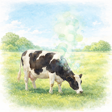 草原で草を食べる牛とやわらかく表現された気体からメタン排出と温室効果ガスの関係を示すイラスト