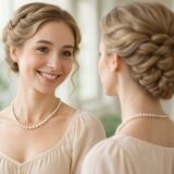 鏡越しに穏やかに微笑むヴィーガン淑女。明るい自然光の中で、健康的な肌と柔らかな雰囲気が伝わるポートレート。