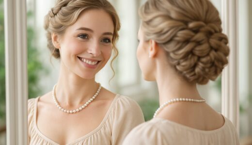 鏡越しに穏やかに微笑むヴィーガン淑女。明るい自然光の中で、健康的な肌と柔らかな雰囲気が伝わるポートレート。