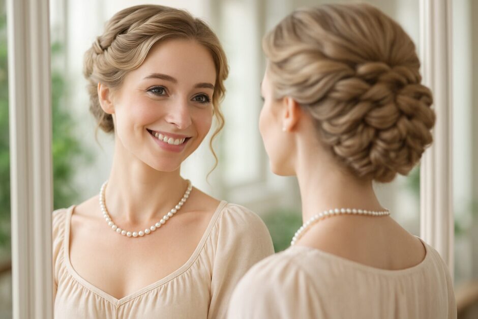 鏡越しに穏やかに微笑むヴィーガン淑女。明るい自然光の中で、健康的な肌と柔らかな雰囲気が伝わるポートレート。