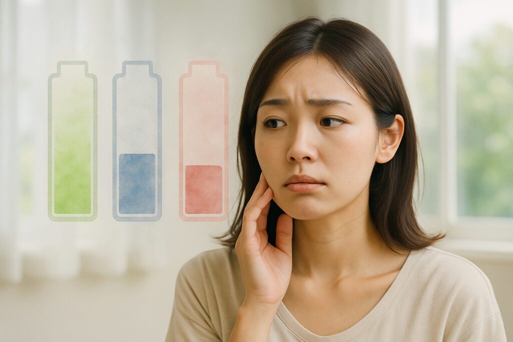 栄養不足で肌の調子が気になる女性。室内で頬に手を当てて悩む表情の横に、エネルギー不足を示すバッテリー残量のイラストが表示されている。