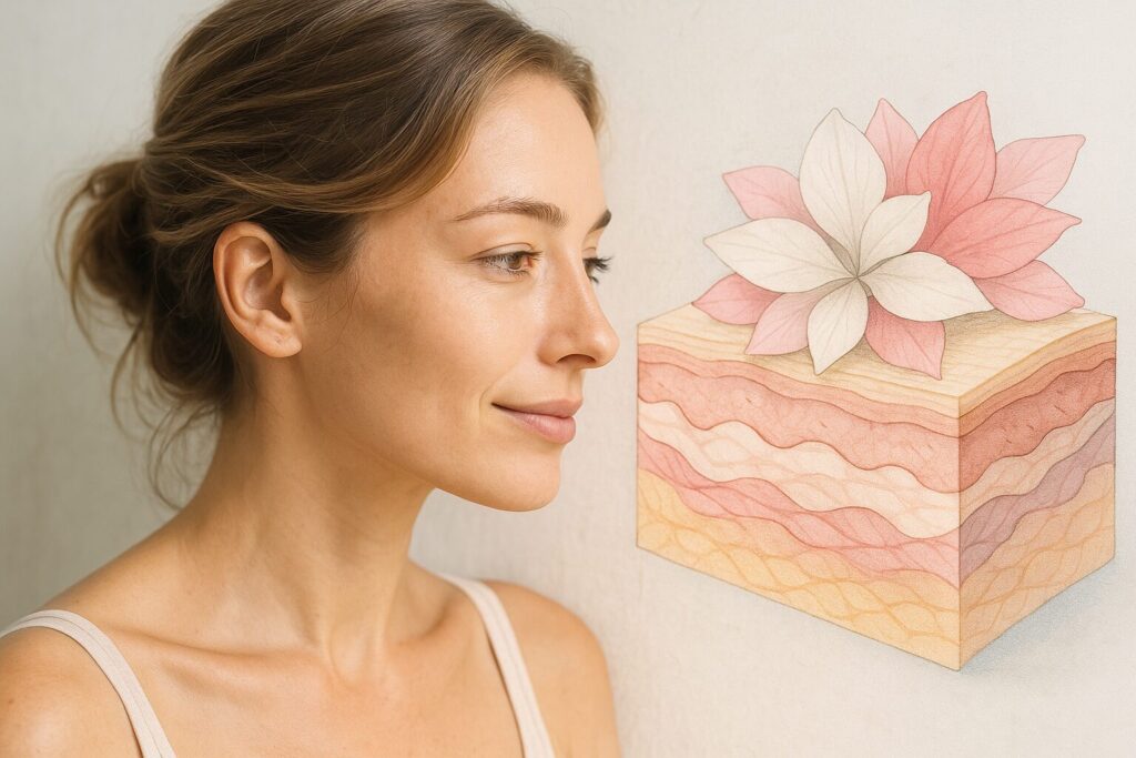 健康的な肌を持つ女性が、肌の層構造を示す優しい色合いのイラストを見つめている。潤いとハリのある肌のイメージを表す写真。