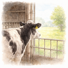 屋内で飼育される牛が外の自然を見つめる様子から本来の生き方との違いを示すイラスト
